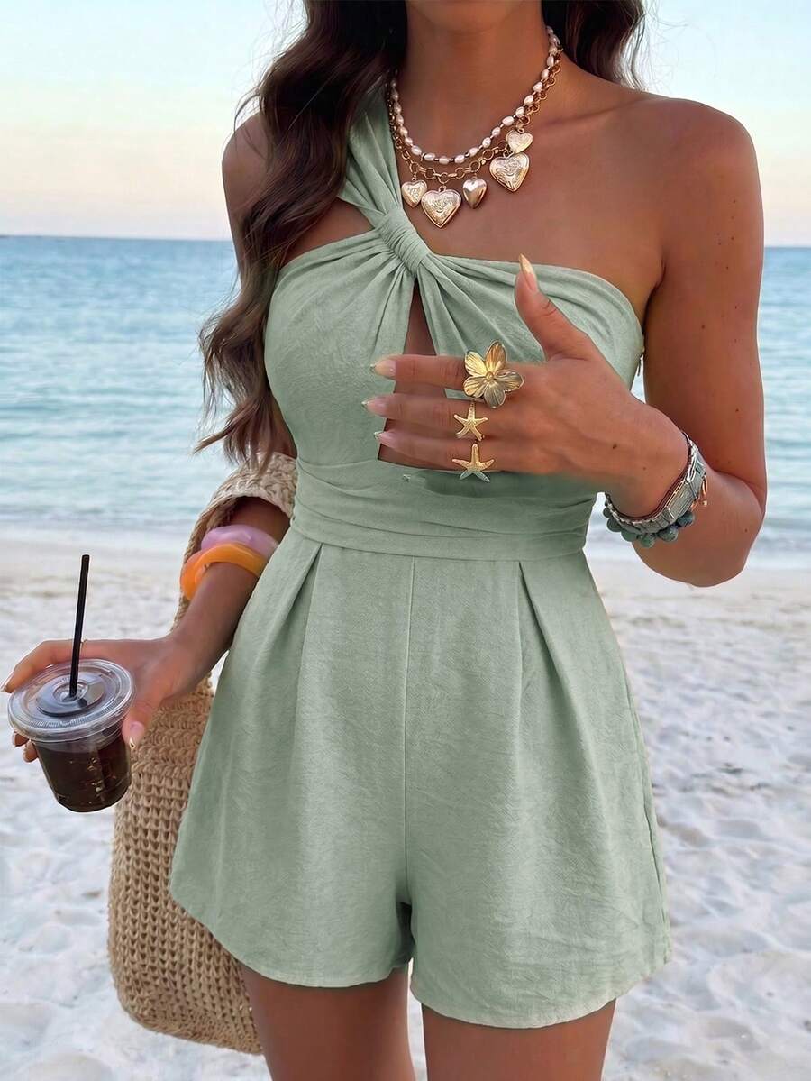 SHEIN Holidaya 女款設計師度假出遊胸部抓皺設計腰部鏤空單肩帶短版連身褲 夏季度假穿搭音樂節派對休閒出遊短褲 - 薄荷綠 - 查看 1