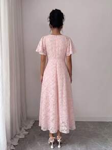 Modelyn 優雅鏤空蝙蝠袖百褶甜美法式風夏季洋裝 - 粉色 - 查看 2