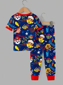SHEIN | PAW Patrol 小男孩休閒簡約款，柔軟舒適，經典可愛卡通動畫圖案印花，可愛小狗貼身舒適圓領短袖T恤與長褲貼身居家服，適合春夏季 - 彩色 - 查看 4