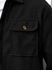 Devon Thys 男士休闲纯色衬衫+裤子两件套，带领带口袋，轻薄涤纶面料，休闲运动度假套装，春秋季 - 黑色 - 查看 5