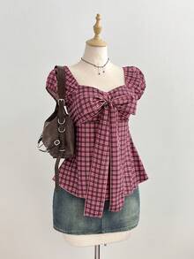 Elamini Women's Spring/Summer Red Plaid Shirt, Sexy Retro Casual Short Sleeve, Bow Decor Chest Design, Slim Fit - Hot Pink - View 5