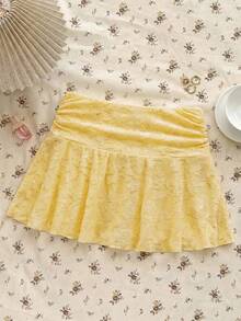 Jupe mini taille basse froncée ligne A texture ajourée tricotée blanche décontractée polyvalente pour la maison pour adolescentes, convient pour l'été - Jaune citron - Voir 2