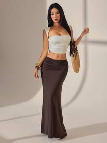 SHEIN PETITE 女款純色抓皺腰超長時尚度假裙，適合嬌小女性 - 棕色 - 查看 6