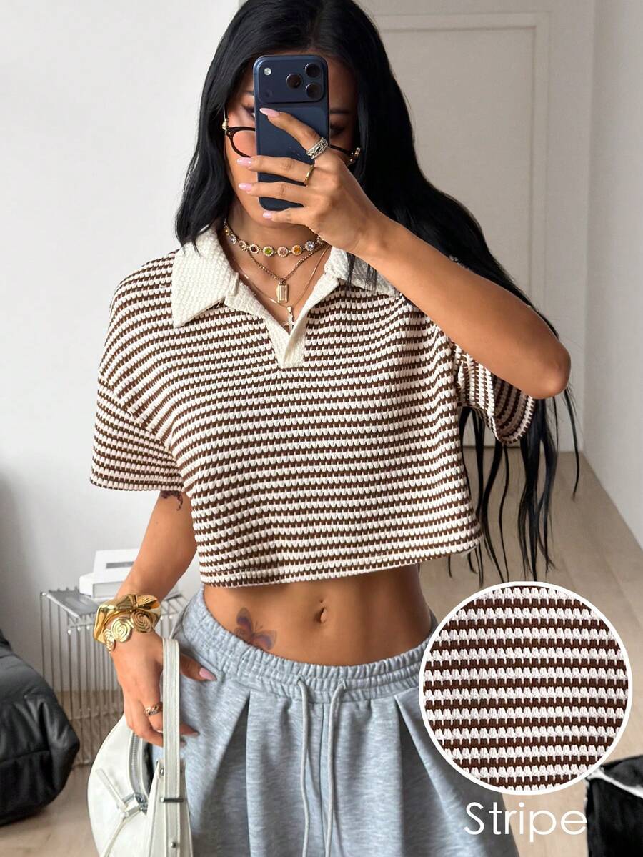 Coolane 女款夏季派對外出度假街頭風時尚開學日常穿搭條紋紋理棕白配色寬鬆翻領短袖短版T恤 - 彩色 - 查看 1