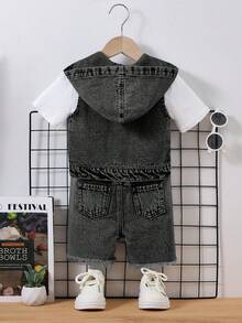 SHEIN Bubblio Baby Boy Blue Denim Sleeveless Hooded Vest & Loose Distressed Shorts 2pcs Set - Black - View 2