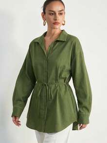 Aveloria Modichic Autumn/Winter New Women's Striped Safari Style Draped Loose Commuter Casual Long Sleeve Turn-Down Collar Stand Collar Belted Mid-Length Shirt - Green - View 4