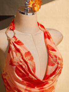 SHEIN ICON Plus Size Floral Print Ruffle Neck Backless Halter Top Beach Vacation Orange Summer - Orange - View 5