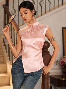 EastFlair Women's New Chinese Style Summer Top, Jacquard Satin Fabric With Contrast Embroidery 3D Floral Fabric, Asymmetric Collar Design Cheongsam Buttons Pink - Pink - View 7