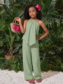 SHEIN Ensemble 2 pièces débardeur à col licou ample + pantalon long pour adolescentes, décontracté, à la mode, polyvalent, fête, streetwear, séance photo entre sœurs, sortie au parc, camping, vacances, décontracté quotidien - Vert - Voir 3