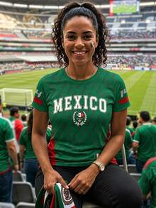 SHEIN LUNE 墨西哥國家隊球迷女款短袖拼接紅綠側邊板 MEXICO字母印花休閒T恤 世界盃觀賽上衣 - 彩色 - 查看 3