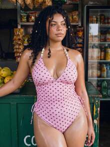 SHEIN Swim 2026 New Plus Size Women 2 Pieces Random Print Elegant Drawstring Casual One-Piece Swimwear, Summer - Pink - View 1