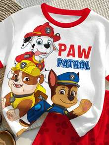 SHEIN | PAW Patrol 兒童小男孩圓領撞色飾邊字母卡通印花短袖T恤與短褲休閒日常套裝 - 彩色 - 查看 6