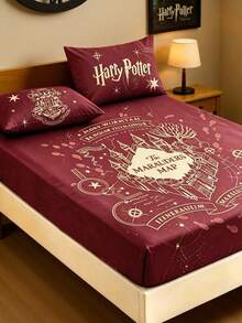 HARRY POTTER X SHEIN 1件哈利印花床墊，柔軟保暖，舒適透氣，多種尺寸，適用於單人床/雙人床/皇后床/特大床，可機洗 - 紅色 - 查看 4