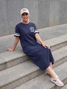 Solavon 女款夏季休閒海軍藍白字母印花洋裝，適合旅行、返校、日常穿著 - 藏蓝色 - 查看 4