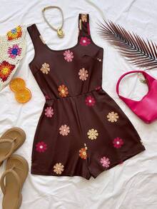 Soleia New Knitted Printed Square Neck Mini Jumpsuit Beach Brown Floral Summer Boho 90s - White - View 1