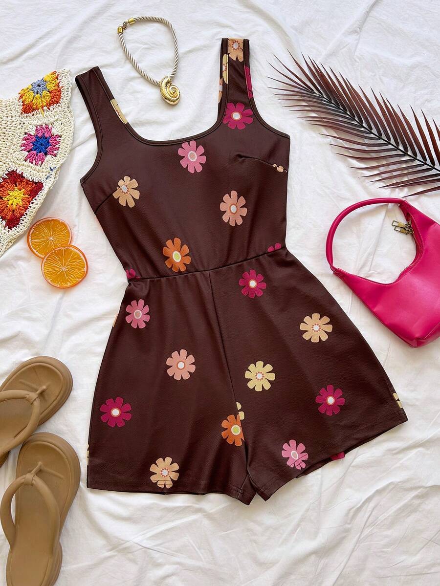 Soleia New Knitted Printed Square Neck Mini Jumpsuit Beach Brown Floral Summer Boho 90s - White - View 1