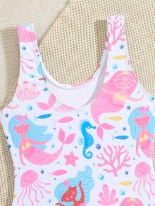 Young Girl Cute Sweet Cartoon Mermaid Seahorse Ocean Print Round Neck One-Piece Swimsuit Summer Beach Party - Baby Pink - View 7