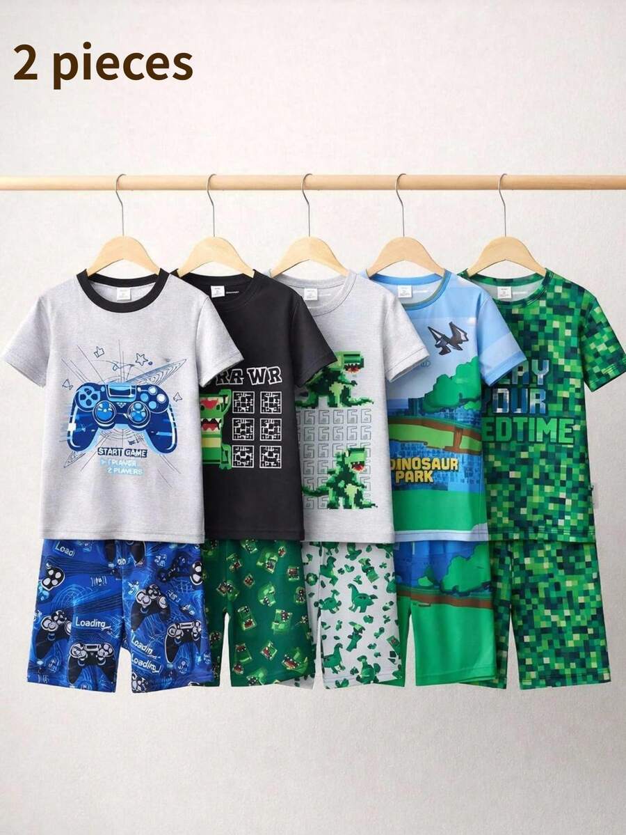 Set Piyama Anak Laki-Laki 2pcs/Set Atasan Rajut Lengan Pendek Leher Bulat Motif Permainan Video dan Celana Pendek, Bahan Lembut & Bernapas, Cocok untuk Dipakai di Musim Panas - MultiWarna - View 1