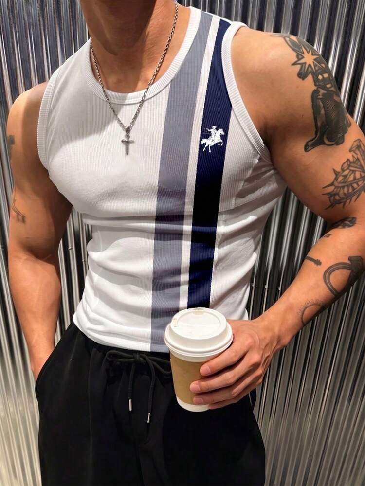 Rovax Men's Summer Casual Colorblock Striped Tank Top - White - View 1