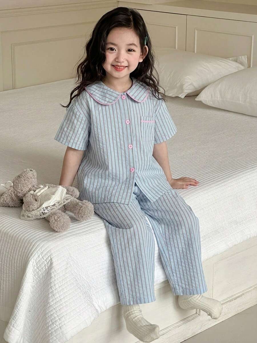 DAZY 女童条纹短袖上衣和裤子睡衣套装 夏季 - 淺粉色 - 查看 1