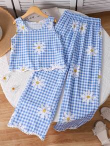 SHEIN 青少年女孩春/夏新款極簡基本清新藍色格紋雛菊印花套頭背心上衣與長褲2件套，度假休閒，舒適輕盈面料，黑色蕾絲下擺裝飾，時尚，適合夏季海灘度假 - 藍色 - 查看 3