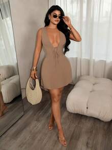 SHEIN SXY Tie-Knot Casual Striped Mini Dress - Khaki - View 5