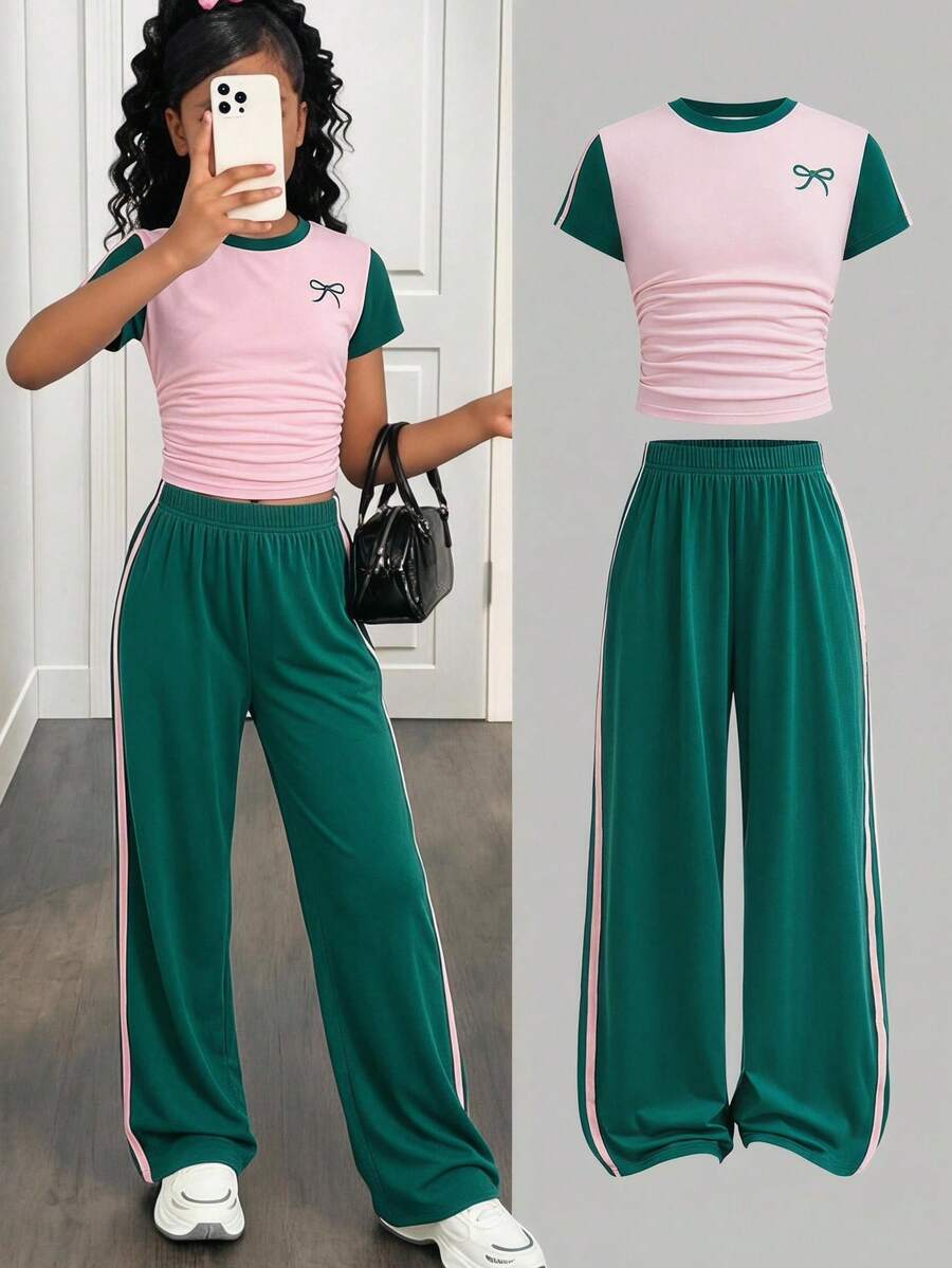 Tween Girls Bowknot Contrast Color Patchwork Bowknot Print T-Shirt And Long Pants Knit 2 Pieces Set Casual Daily Fashion Versatile - Multicolor - View 1