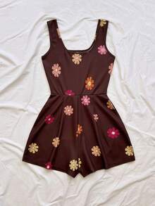 Soleia New Knitted Printed Square Neck Mini Jumpsuit Beach Brown Floral Summer Boho 90s - White - View 2