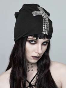 ROMWE Goth 1pc Punk Style Lightweight Rivet Decorated Beanie, High-Quality Y2K Vintage Solid Black Warm Fold-Over Hat, Fashionable Daily All-Season Wear - Black - View 4