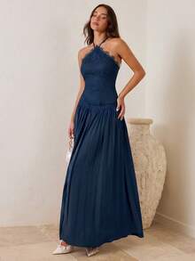 Enchnt Women's Lace Patchwork Ruffle Casual Party Long Dress - Navy Blue - View 6