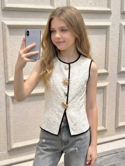 SHEIN Tween Girl Solid Color Pleated Waist Blouse Elegant Fitted Shirt Contrast Trim Solid Texture Blouse