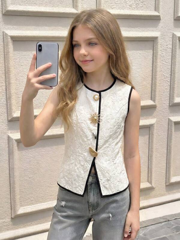 SHEIN Tween Girl Solid Color Pleated Waist Blouse Elegant Fitted Shirt Contrast Trim Solid Texture Blouse