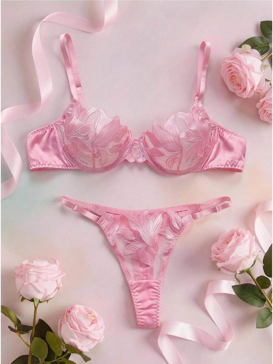 Elorette 女士花卉刺绣网眼文胸和内裤内衣套装带钢圈,2 件内衣 - 粉色 - 查看 1