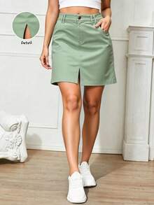 Falda Gabardina Abertura Frontal, Casual, Ideal para días calurosos - sage - Ver 5