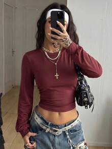 Coolane Women's Summer/ Back To School Everyday Basic Solid Color Pleated Asymmetrical Neck Long Sleeve Pullover Burgundy Sweatshirt Grunge - Burgundy - View 3