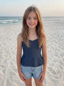 DAZY Tween Girl Summer Casual Washed Denim Camisole Top - Navy Blue - View 12