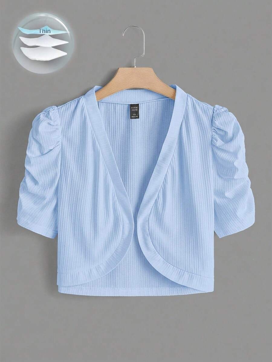 SHEIN Clasi Chaqueta corta de talla grande con mangas de pétalo y frente abierto - Celeste - Ver 1