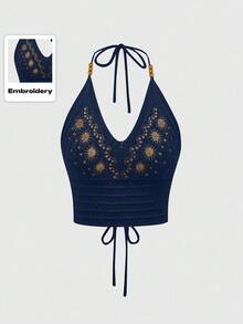 ROMWE Hippie Women's Sun Embroidery Pleated Casual Halter Neck Knit Top - Navy Blue - View 1