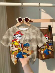 SHEIN | PAW Patrol Young Boy Casual Simple, Loose Comfortable, Classic Cute Cartoon Animation Pattern Print, Cute Puppy Round Neck Short Sleeve T-Shirt And Shorts 2-Piece Set, Suitable For Spring And Summer - Multicolor - View 5