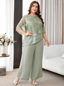Reflora Plus Size Women's Floral Embroidery Pattern Top And Wide Leg Pants Casual Daily 2-Piece Set - Green - View 7