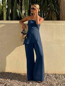 Livesso Summer Holiday Outfit Blue Bandeau Solid Color Waist-Defining Top Loose Long Pants Women 2 Pieces Set - Navy Blue - View 3