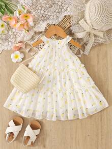 SHEIN Baby Girls Summer Round Neck Princess Dress With Ditsy Floral, Sweet Dress + Matching Floral Accessory Small Bag, Stylish Versatile Sleeveless Comfortable, Suitable For Daily Outings - Yellow - View 3