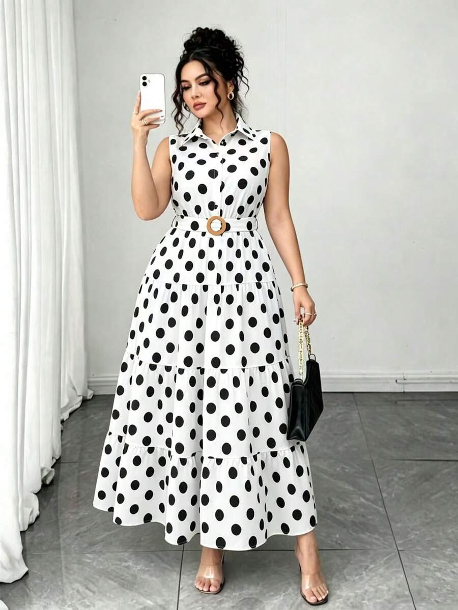 Auvina Women's French Elegant Casual Vacation & Commute Dress, Woven Polka Dot Print Fabric, Polo Collar Sleeveless Waist Gathered 4-Tier Ruffle Hem Dress, Vintage Style Dress, Country Style Outfit, Wedding Guest Dress, Summer Dress, Beach Outfit, Beach Dress, Outing Dress, Women's Vacation Outfit, Vacation Dress, Women's Casual Dress - Multicolor - View 1