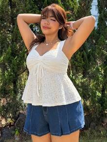 SHEIN EZwear White Casual Plus Size Lace-Up Top For Women - White - View 6