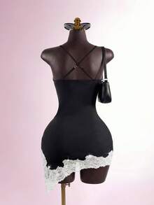SaltGleam SaltGleam Women's Black And White Spaghetti Strap Lace Dress,Asymmetrical Hem,Waist Cinched,Glossy Fabric,Elegant,Party,Summer Boho Style Beach Vacation Dress - Multicolor - View 2