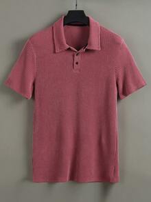 Manfinity CasualCool 男士直條紋紋理布料成熟休閒款短袖 Polo 衫，適合日常、度假、禮儀場合，送給丈夫/男友的禮物 - 酒紅色 - 查看 5