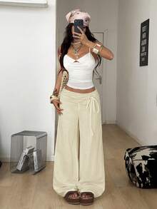 Coolane Women's Summer Vacation Casual Holiday Renaissance Fair Daily Wear Comfortable Butter Yellow Straps Baggy Wide Leg Pants Summer Outfits For Women - Apricot - View 4