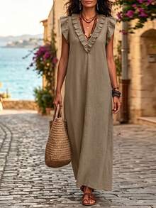 Hotletica Women's Solid Color Ruffle Hem Premium Texture Linen Casual Dress - Khaki - View 7