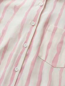 EMERY ROSE Plus Size Women's Striped Colorblock Casual Versatile Daily Outing Shirt Fall - Baby Pink - View 4