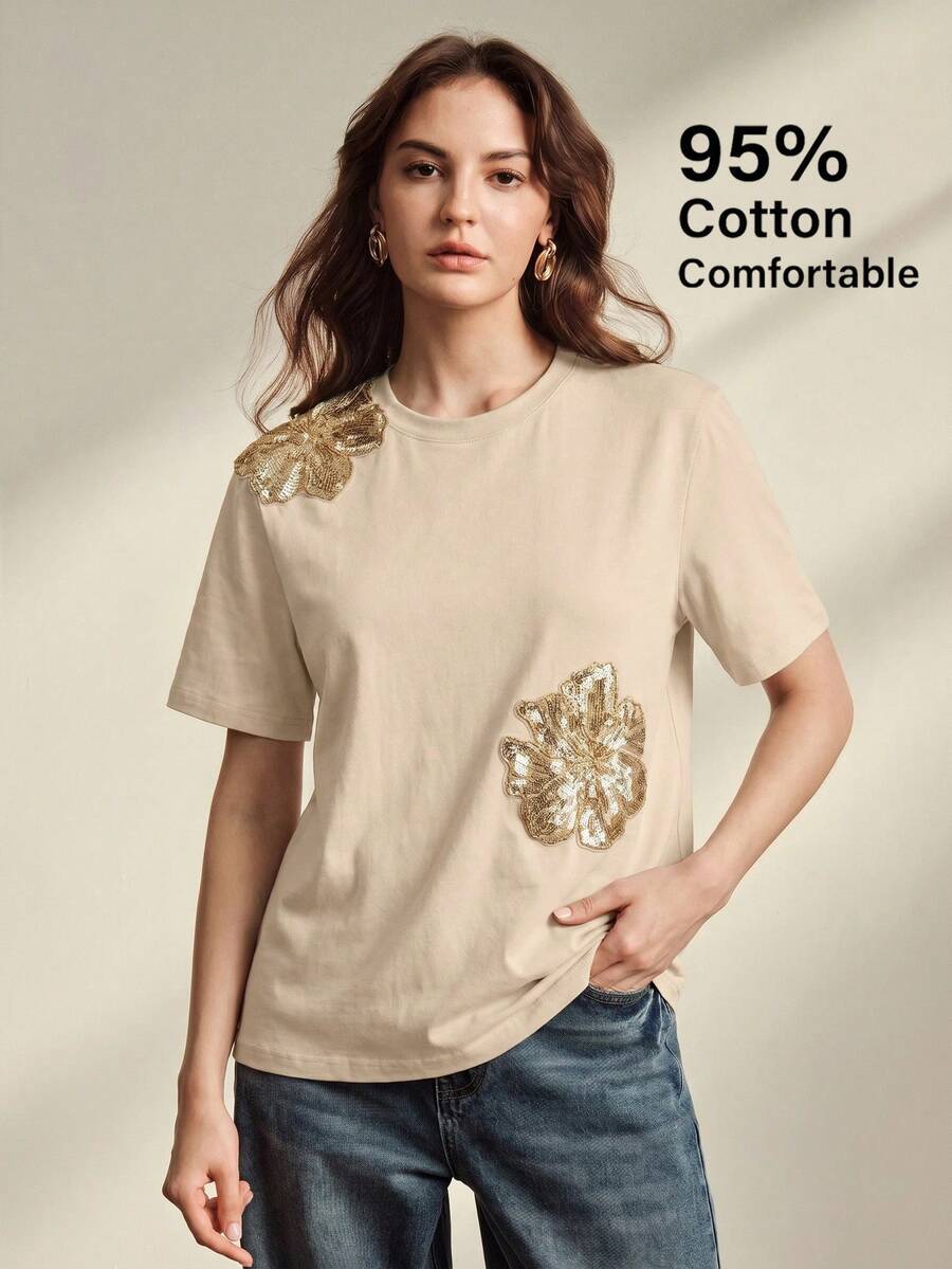 Anewsta Women's Elegant Short Sleeve Crew Neck Fitted T-Shirt, Summer - Apricot - View 1